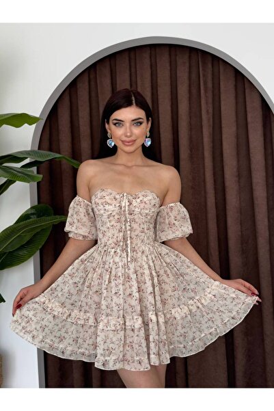 ETİKAFASHION BOYUNDAN BAĞLAMALI ŞİFON  MİNİ ÇİÇEKLİ ELBİSE