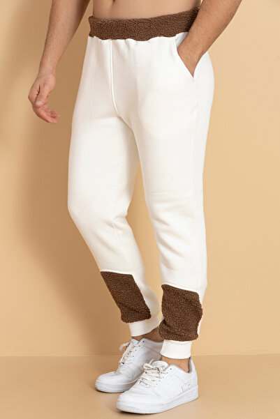 TEVOOY BEL VE PAÇA KUZU TÜYÜ RİBANA PAÇA EŞOFMAN ALTI - KREM-KAHVE POLAR