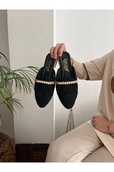 Behtah Kundura Women's Closed Front Straw Slippers Lace Knitted Pearl Rhinestone Dowry Casual Slippers