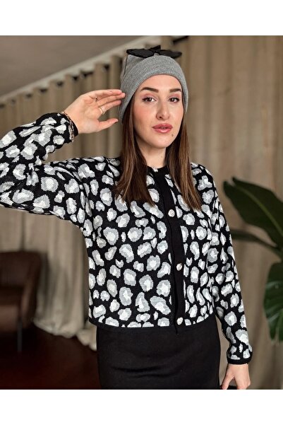 ÇAĞLA KURT Gray Leopard Women's Cardigan
