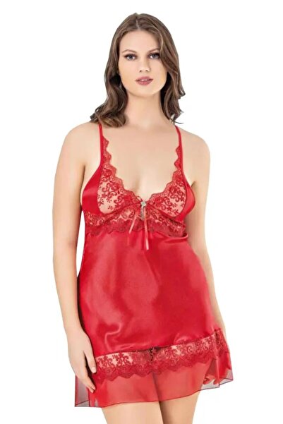 Viselya Tüllü Dantel Büyük Beden Kırmızı Saten Gecelik