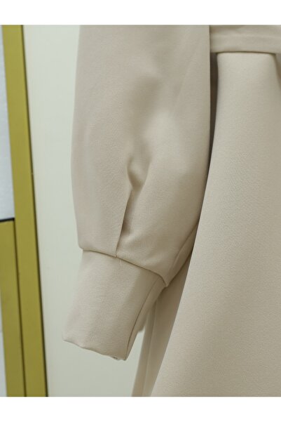 Modamorfo Beige Belted Rose Detailed Double Breasted Collar Jacket and Trousers Set