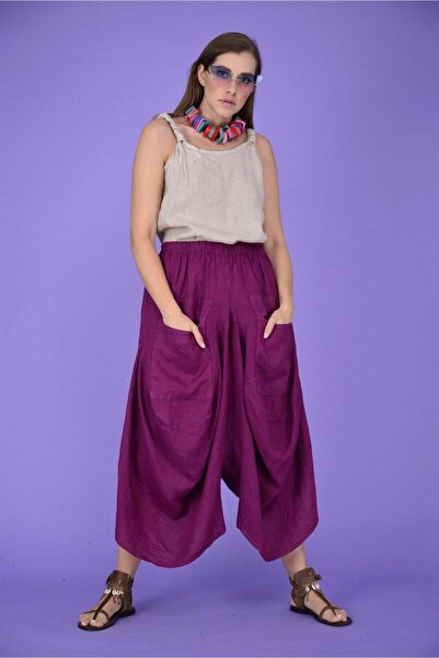 Bohem Stil Ιταλικό λινό φαρδύ παντελόνι με τσέπες (μέγεθος 36-48)