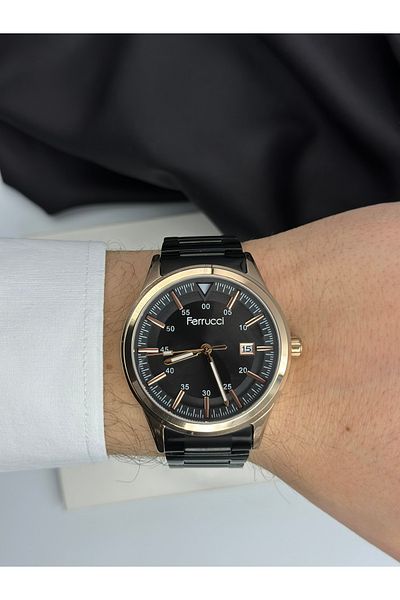 Ferrucci Black Sport Design Steel Band Ferrucci Men's Wristwatch with Rose Gold Case