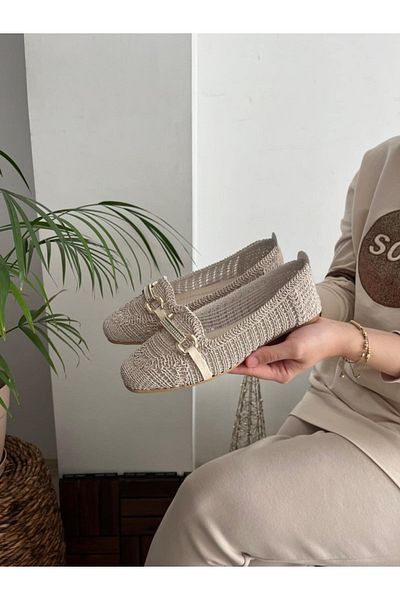 Behtah Kundura Women's Closed Front Straw Ballerinas Lace Knitted Dowry Daily Ballerinas