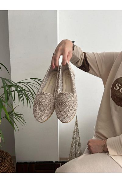 Behtah Kundura Women's Closed Front Straw Ballerinas Lace Knitted Dowry Daily Ballerinas