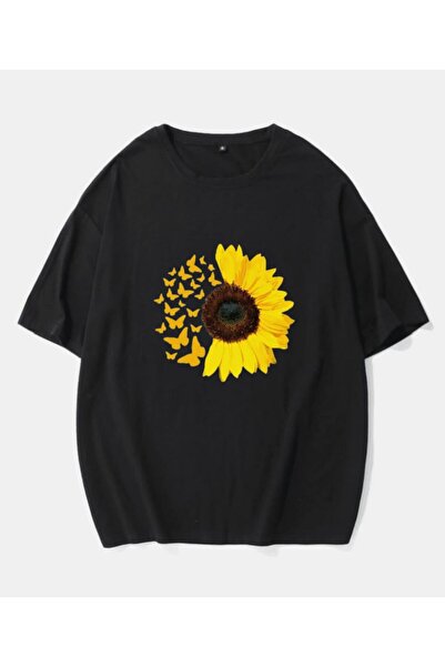Elvino Bisiklet Yaka Ay Çiçeği Baskılı Oversize Beyaz-siyah Tshirt