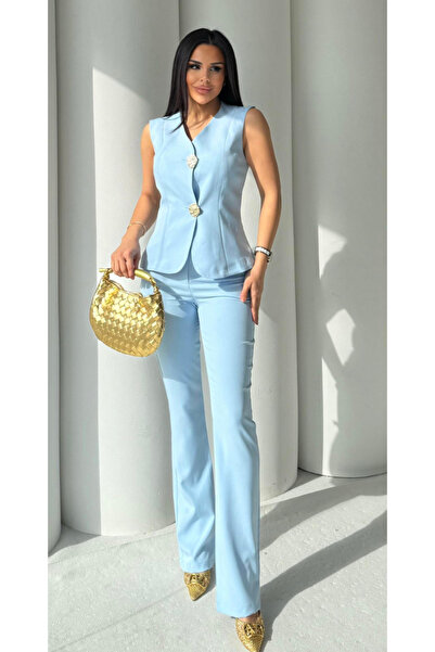pembekurdelem Kadın Gold Düğmeli Yelek Pantolon Takım Bebe Mavi