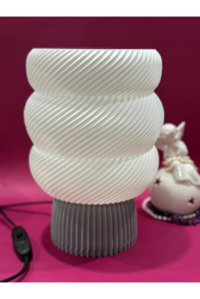Genel Markalar Modern Spiral Tasarımlı 3d Baskı Abajur - Beyaz & Gri (25 CM, AMPUL DAHİL)