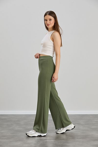 Alos Women's Khaki Modal Wide Leg Striped High Waist Soft Textured Lycra Trousers with Elastic Waist