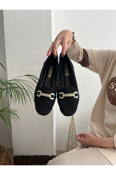 Behtah Kundura Women's Closed Front Straw Ballerinas Lace Knitted Dowry Daily Ballerinas