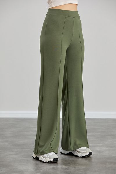 Alos Women's Khaki Modal Wide Leg Striped High Waist Soft Textured Lycra Trousers with Elastic Waist