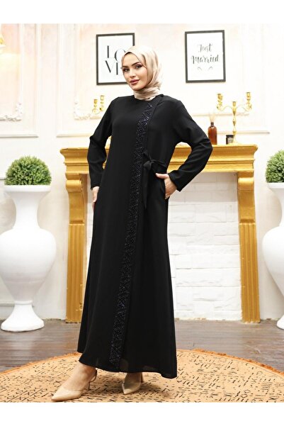 Modamorfo Φεράκι με λεπτομέρεια από πέτρα στο μπροστινό μέρος και διπλή στρώση με δέσιμο στο πλάι - Μαύρο