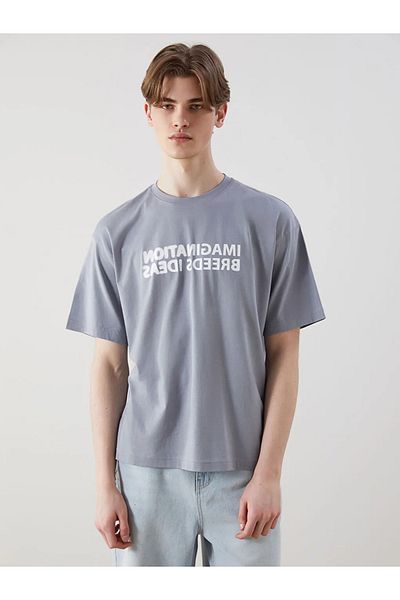 LC Waikiki Tricou pentru bărbați din bumbac pieptănat cu imprimeu gri XSIDE