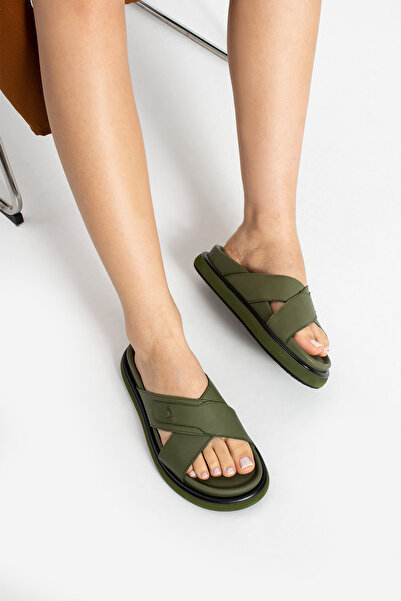 walviss Luiza Women's Genuine Leather Laceless Flat Sole Khaki Green Slippers