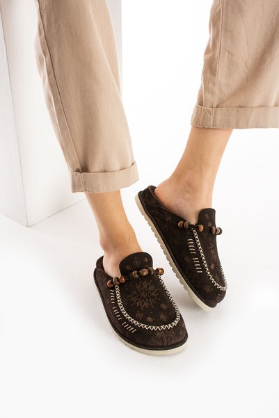 walviss Rustica Women's Genuine Leather Laceless Daily Comfortable Brown Slippers