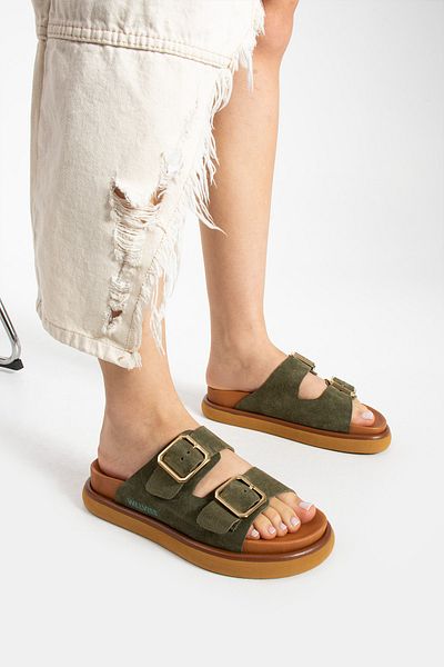 walviss Arandis Women's Genuine Suede Leather Double Buckle Khaki Slippers