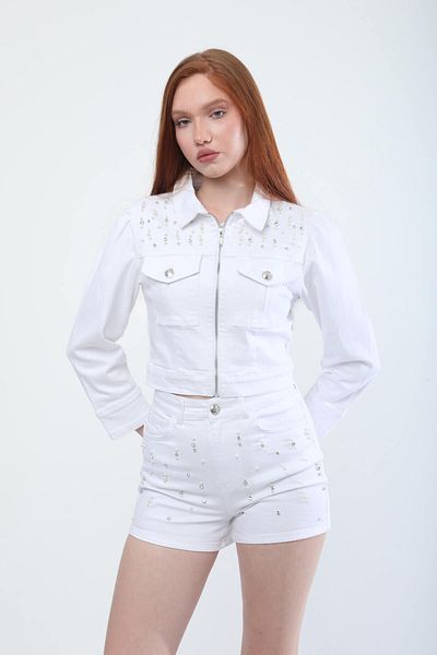 Bluewhite Women's Stone Detailed Zippered Jean Jacket