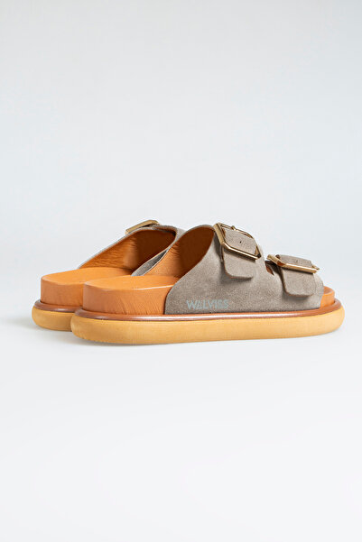 walviss Γυναικείες παντόφλες Arandis από γνήσιο δέρμα σουέτ με διπλή πόρπη καπνιστό χρώμα