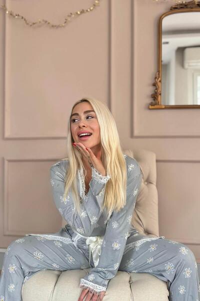 Pijamaevi Gray Daisy Patterned Pegasus Pajama Set with Dressing Gown