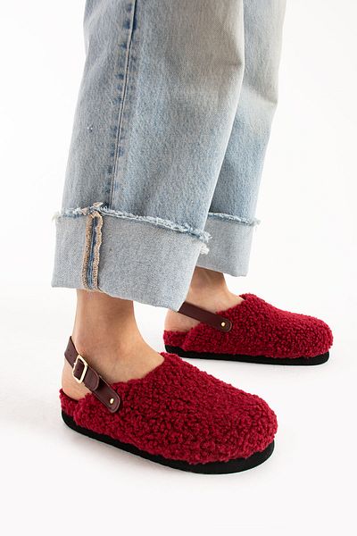 walviss Moshe Women's Fur Single Buckle Burgundy Sandals