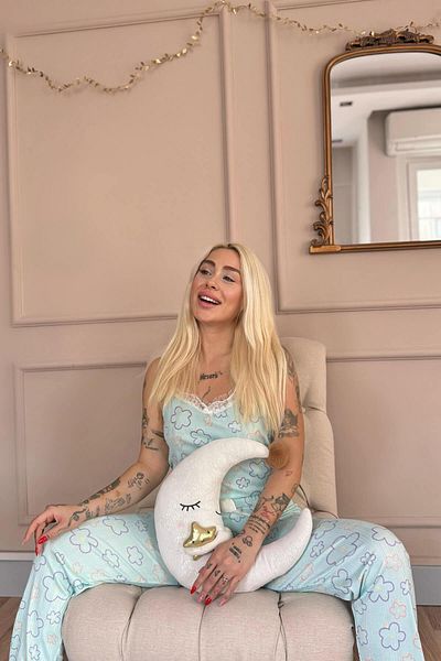 Pijamaevi Blaue Linie Floral Spitze Seil Riemen gestrickt Damen Pyjama Set