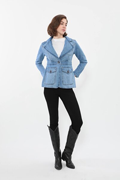 BANNY JEANS Women's Long Sleeve Single Button Jean Jacket Light Blue