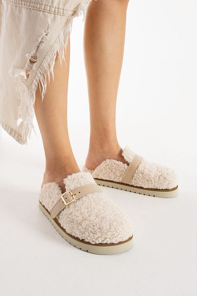 walviss Γυναικείες παντόφλες Mufy Sheepskin με μονή αγκράφα εκρού