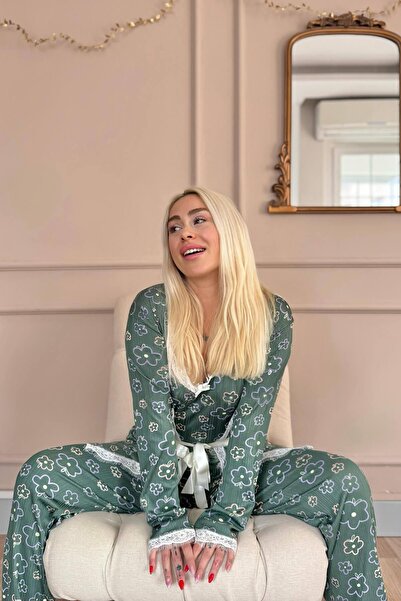 Pijamaevi Yeşil Çizgi Çiçek Desenli Sabahlıklı Pegasus Pijama Takımı