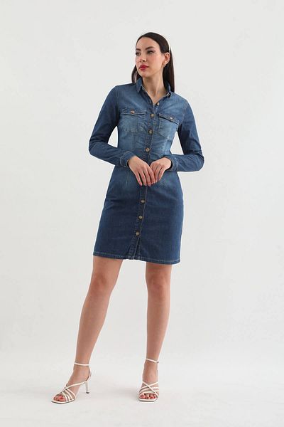 Bluewhite Rochie de damă cu mânecă lungă, cu nasturi, albastru închis
