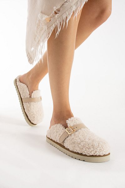 walviss Γυναικείες παντόφλες Mufy Sheepskin με μονή αγκράφα εκρού