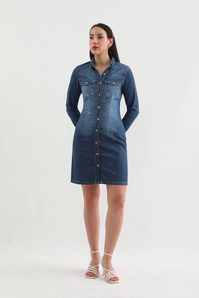 Bluewhite Rochie de damă cu mânecă lungă, cu nasturi, albastru închis