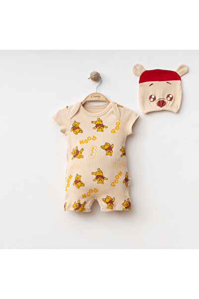 Aa Bebek Yazlık Winnie the Pooh Baskılı %100 Pamuklu Şapkalı Unisex Kısa Tulum