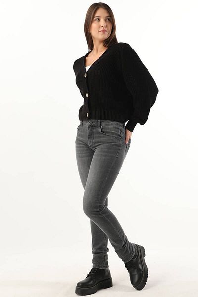 BANNY JEANS Pantaloni de damă, drepți, slim, cu talie mijlocie, gri închis