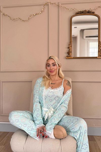 Pijamaevi Blaue Linie Blume gemustert Pegasus Pyjama Set mit Morgenmantel