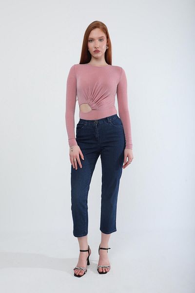 Bluewhite Pantaloni de damă din lycra elastic elastic în talie albastru închis