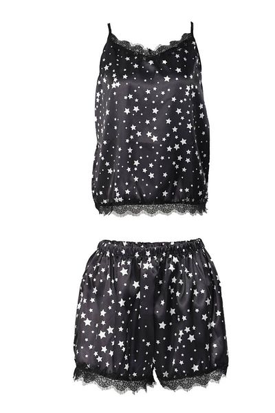 For Dreams Set cămașă de noapte din satin cu model de stele - negru