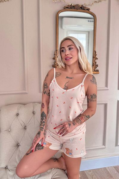 Pijamaevi Set de pijamale pentru femei, cu model de urs pudrat deschis, cu pantaloni scurți cu bretele