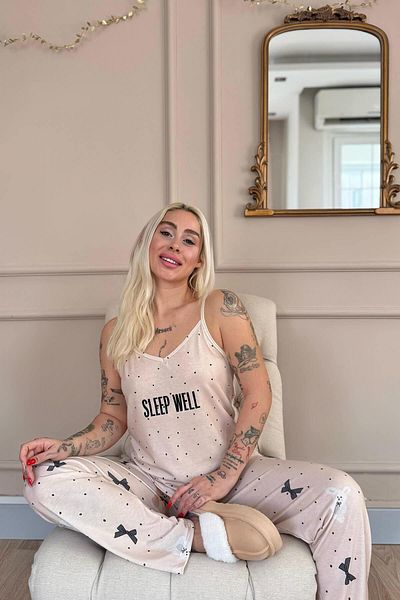 Pijamaevi Beige Sleep Well Printed Rope Strap Knitted Women's Pajama Set