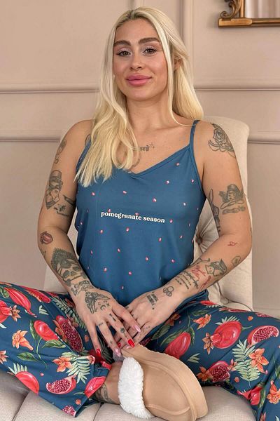 Pijamaevi Petrol Season Printed Rope Strap Knitted Women's Pajama Set