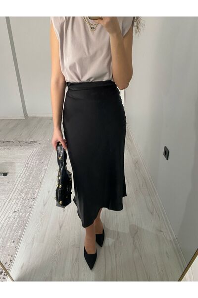 Niceboutique High Waist Midi Length Satin Skirt