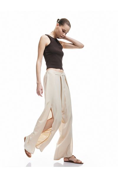 Koton Viscose Belt Detailed Slit Ribbed Wide Leg Trousers