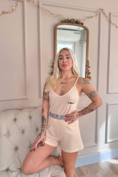 Pijamaevi Beige Wild Spirit Patterned Knitted Rope Strap Shorts Women's Pajama Set