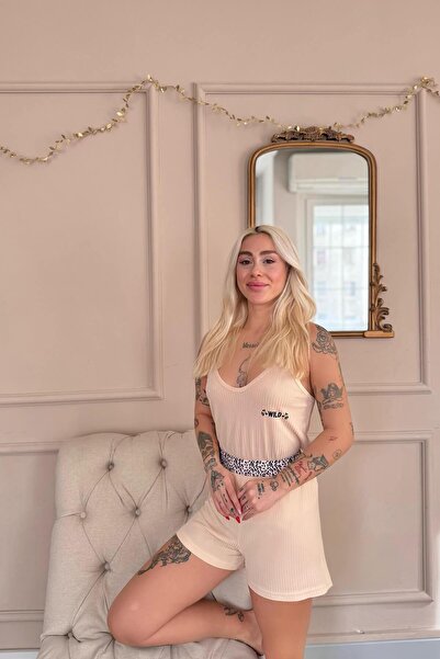 Pijamaevi Beige Wild Spirit Patterned Knitted Rope Strap Shorts Women's Pajama Set