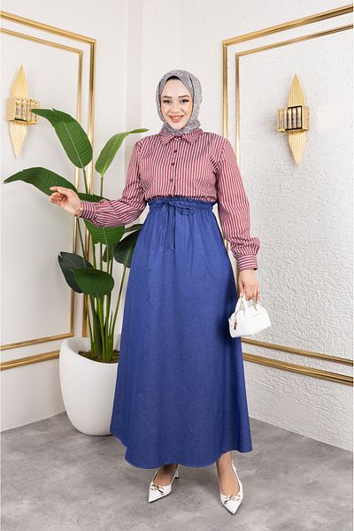Eliva Women's Burgundy Satin Long White Striped Hijab Dress with Elastic Waist