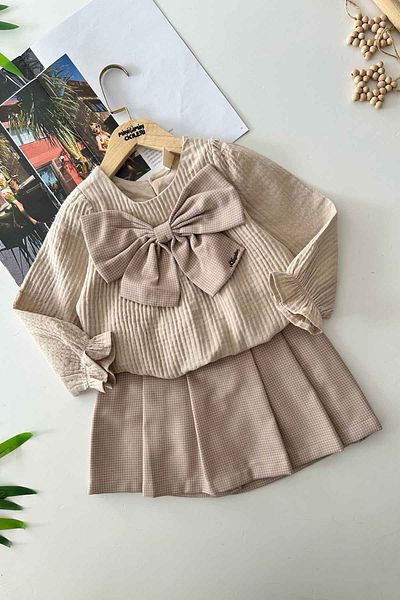 Minigimin Cicileri My Little One's Ciciler Bow Detailed Muslin Cotton Girl's Skirt Suit - Powder