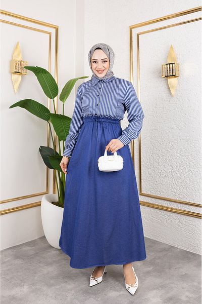 Eliva Rochie de damă, albastru bleumarin, din satin, lungă, albă, cu dungi, cu talie elastică