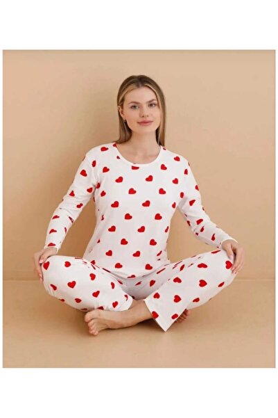 Kadın Kalp Baskılı Pijama Takımı Kırmızı Uzun