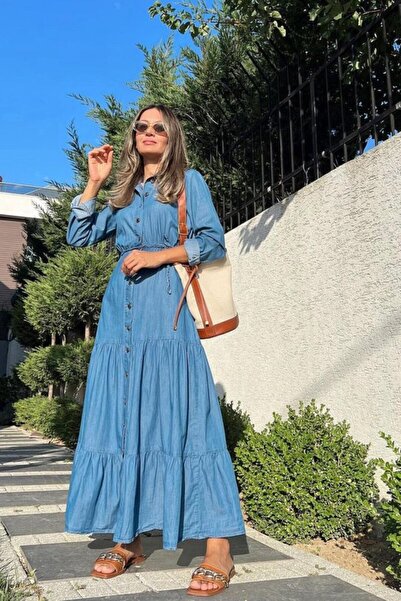 Moda Ebrar Μπλε πουκάμισο φόρεμα