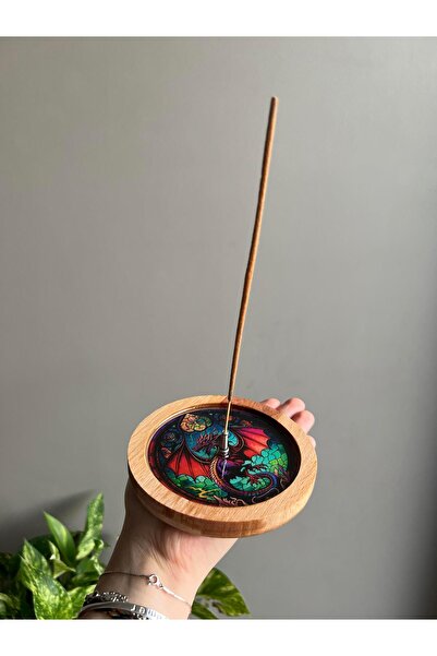 Miamantra Ahşap Üzerine Epoksi Mandala Desenli Yuvarlak Tütsülük -12 cm Çap- ...